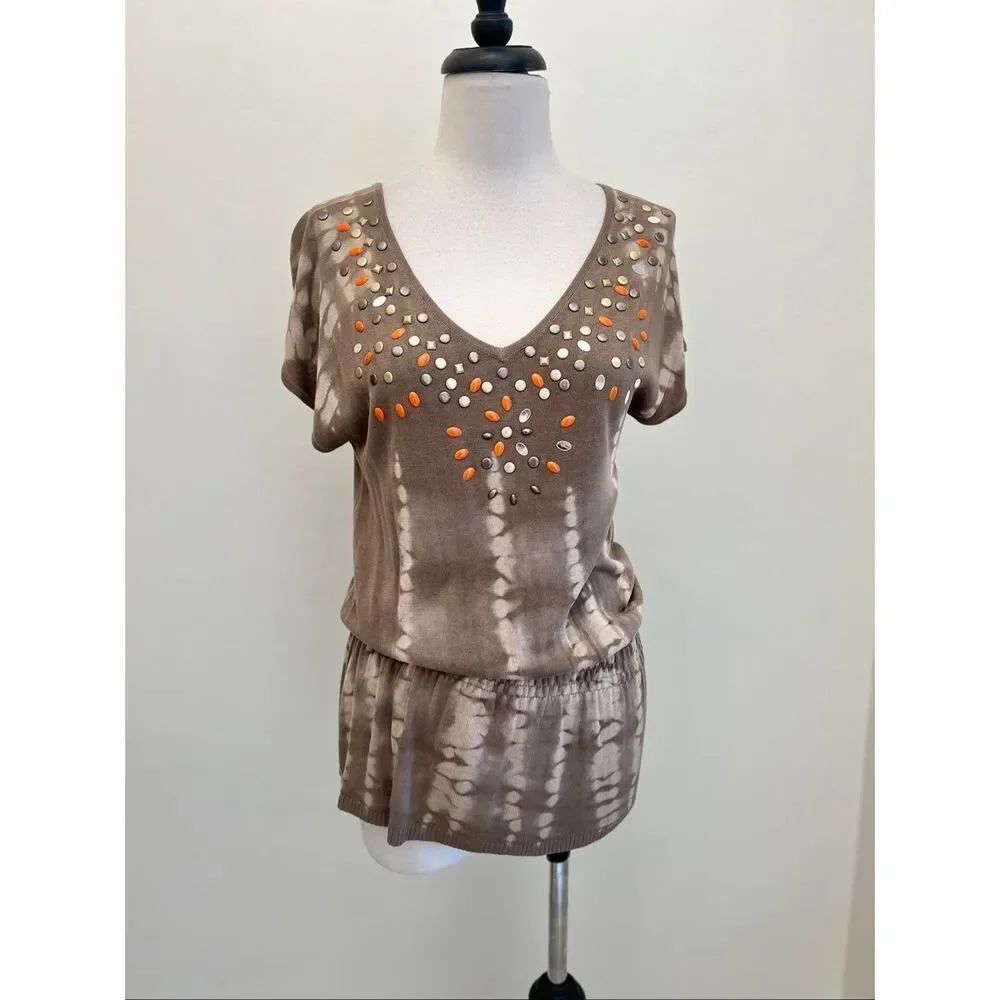 Caché Women's Tie-Dye Knit V-Neck Short Sleeve Peplum Blouse Brown Tan Size XS